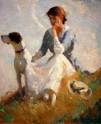 oil painting of girl on hill with dog