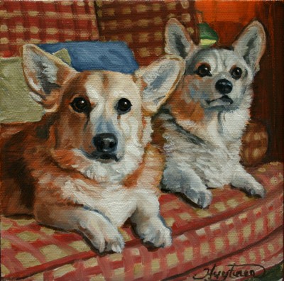 The Corgis of Vogelsang, 6x6, Oil on Canvas, $100