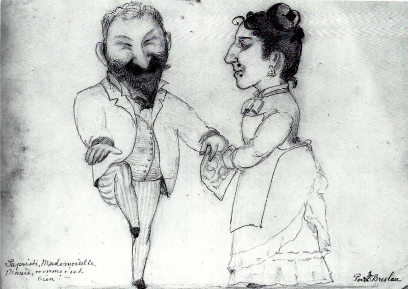 Caricature of Marie Bashkirtseff and Tony Robert-Fleury